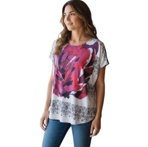 OKI & Design Women's Flutter Sleeve Top with Colourful Floral Graphic Size XL